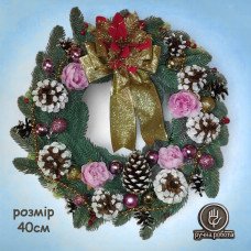 Рождественский новогодний венок ручной работы диаметр 40 см Золотистый бант