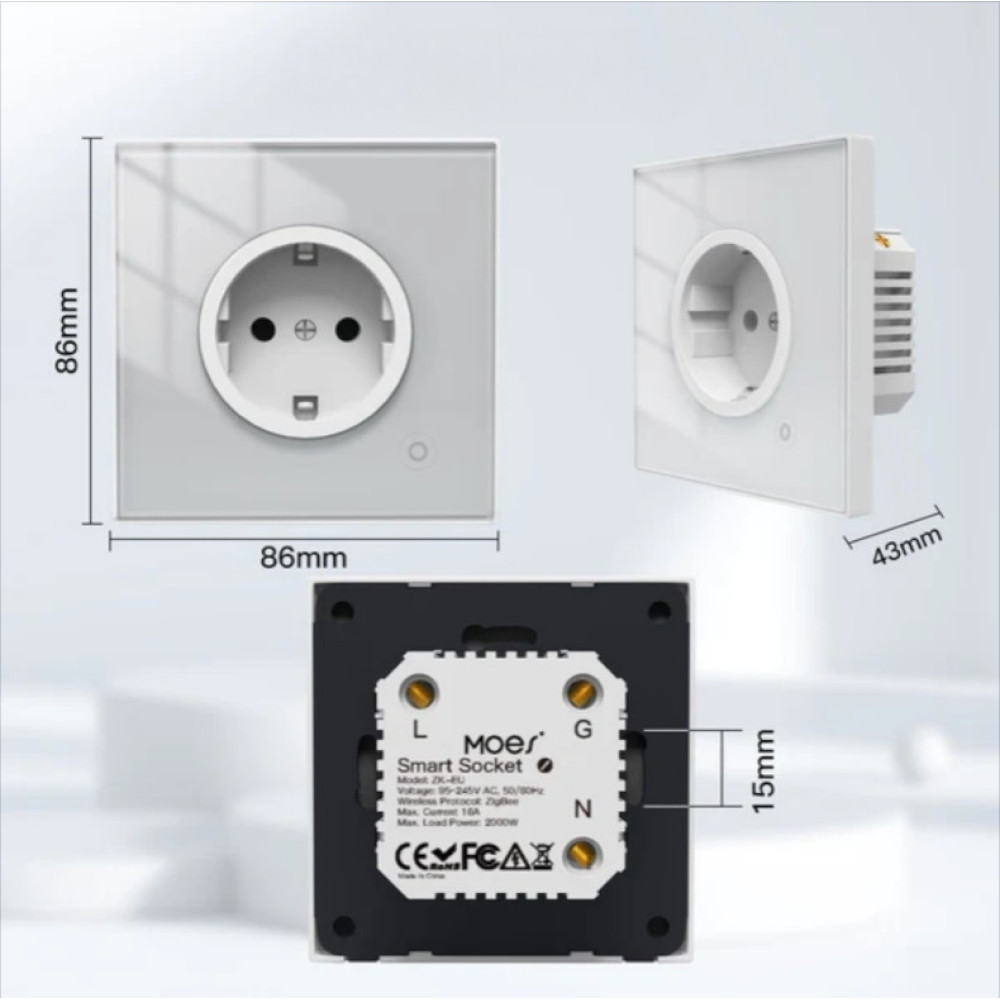Розумна вбудована розетка Moes Zigbee Tuya в підрозетник з моніторингом живлення 16А Біла