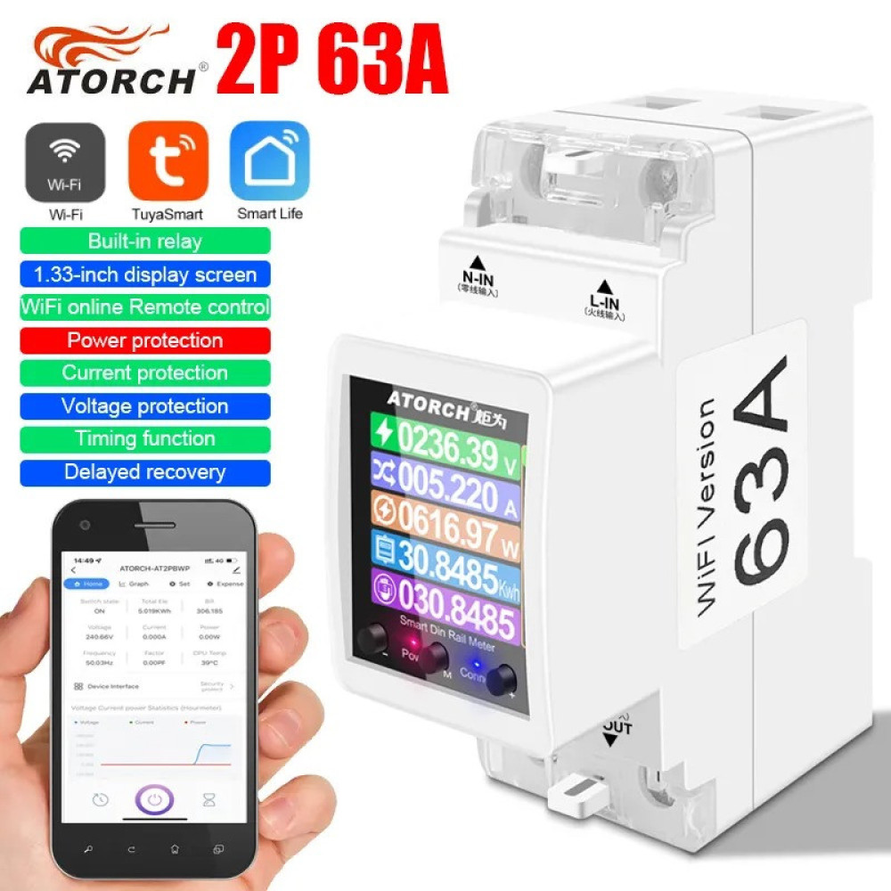 WiFi лічильник електроенергії Atorch GR2PWS 100A двотарифний Tuya DIN