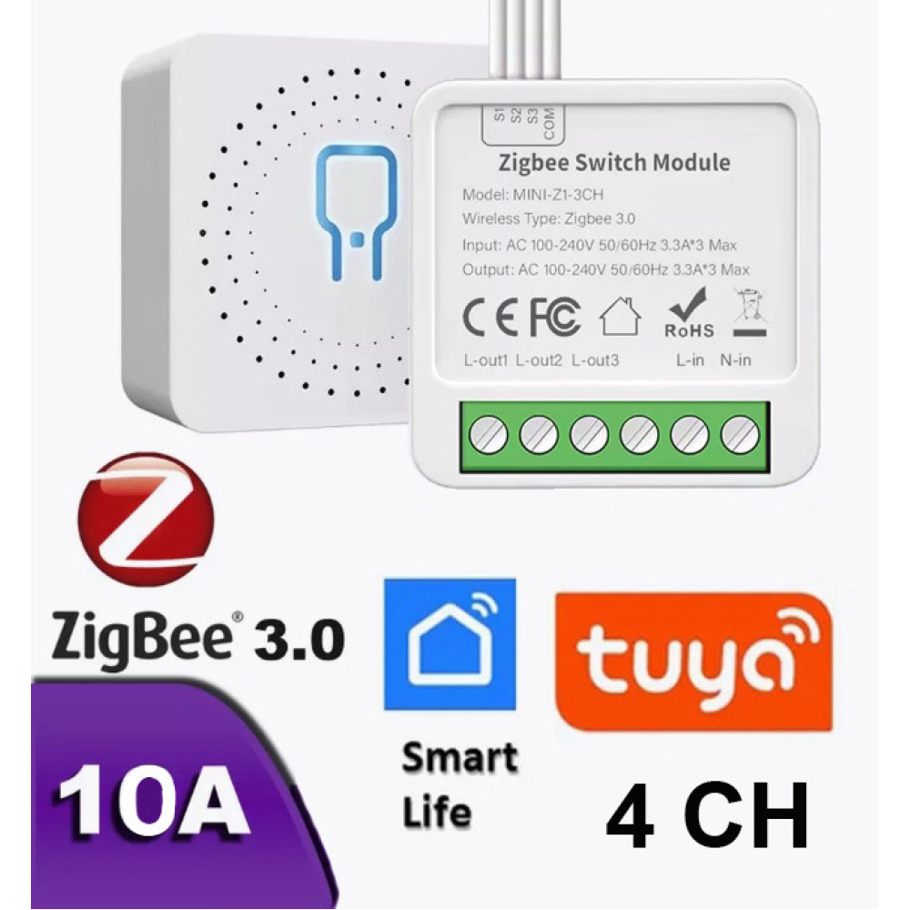 Zigbee реле 4-канальне Tuya Smart Switch 4ch 10А