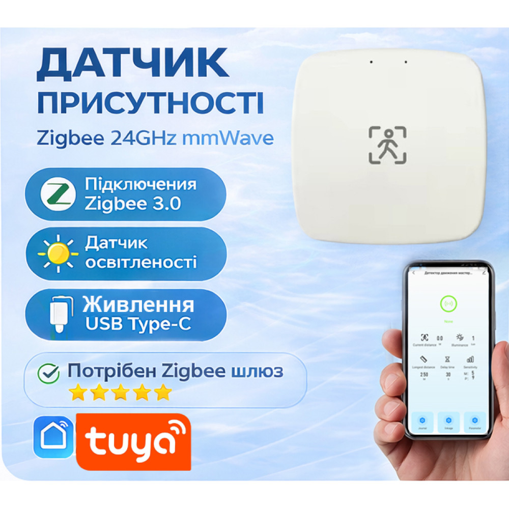 Датчик присутствия Zigbee 24GHz mmWave настенный USB Tuya Smart Life