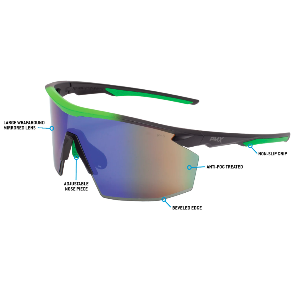 Очки защитные Pyramex PMXSPEC (green mirror) Anti-Fog, сине-зелёные зеркальные линзы в чёрно-зелёной оправе