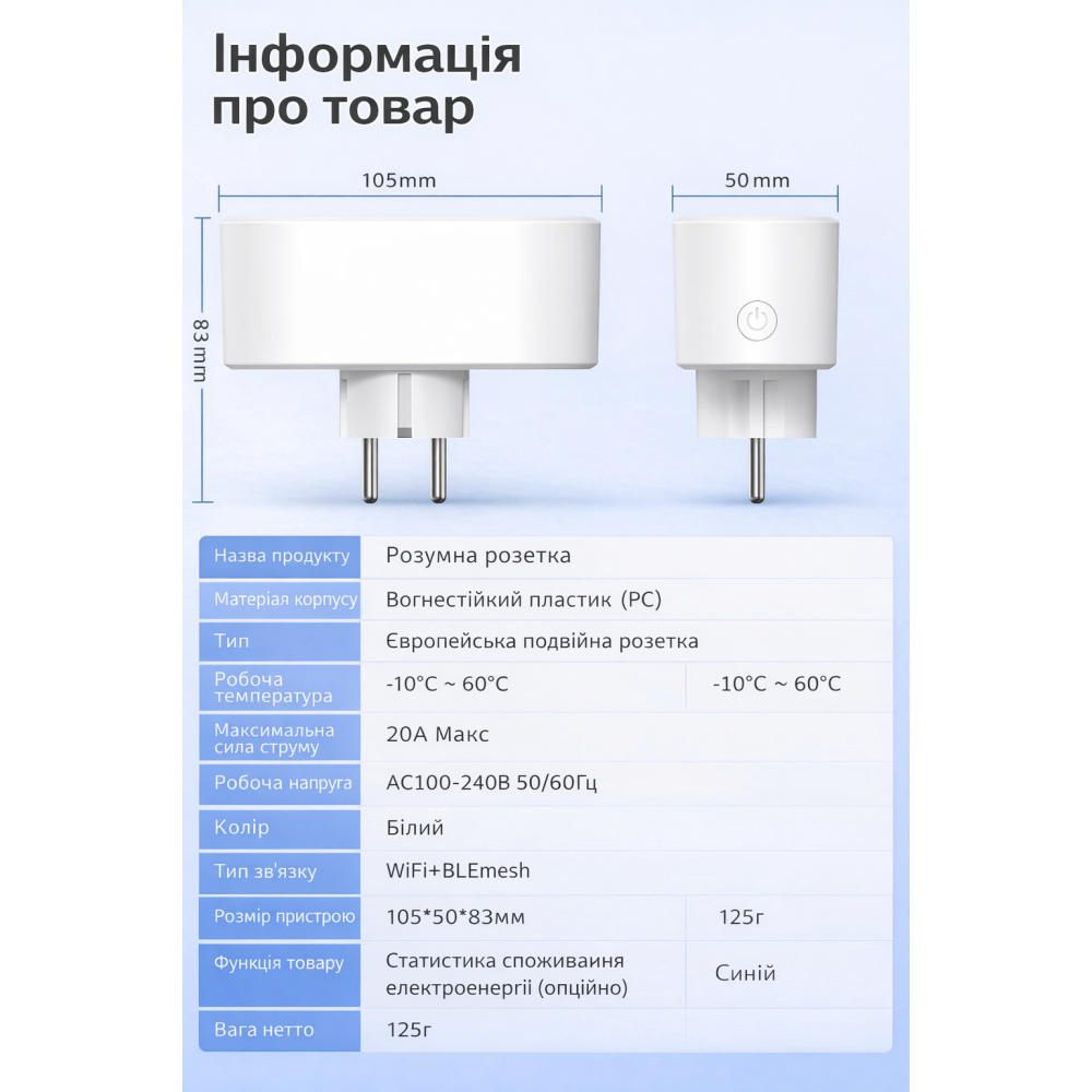 Wi-Fi подвійна розетка Tuya Smart 20A 2in1 з енергомоніторингом