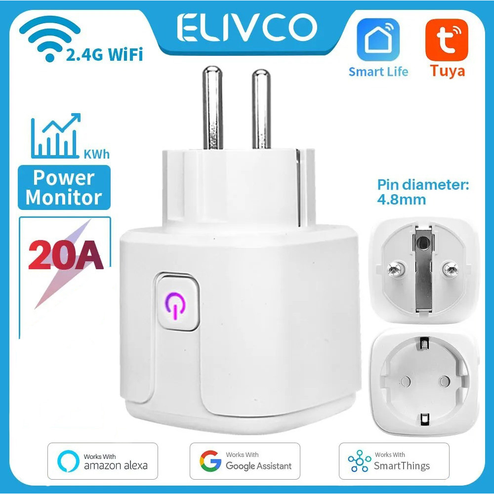 Умная розетка Wi-Fi с ваттметром Elivco Tuya / Smart Life 20А