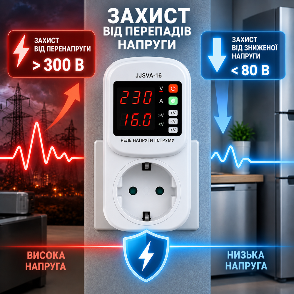 Защитное реле напряжения и тока JJSVA-16 16А в розетку